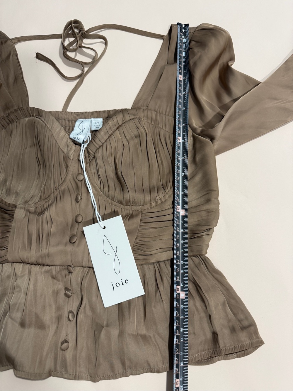 Joie Silk Blend Peplum Blouse Taupe Ruched Puff Sleeve Top S NWT - Picture 5 of 10
